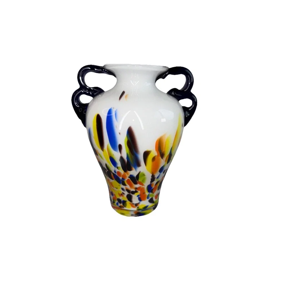 Colorful Glass Vase Speckled Splatter Paint on White Double Cobalt‎ Handle 7